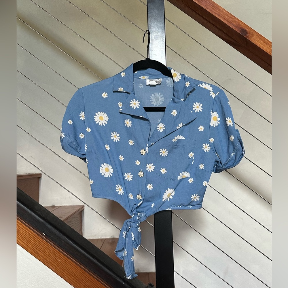 Unique Vintage Chambray & Daisy Shirley Crop Top